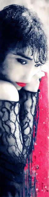 Free dark romance bookmark featuring a lady in lace snuggled against red-toned imagery